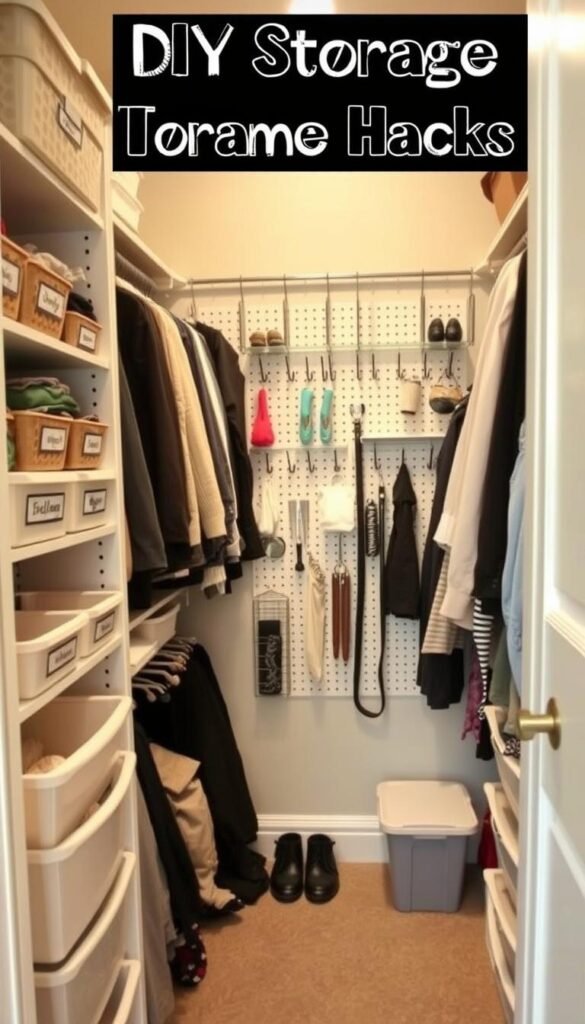 A cozy, well-organized closet with an array of DIY storage hacks. In the foreground, various labeled bins, shelves, and hooks neatly arrange clothes, shoes, and accessories. The middle ground showcases a pegboard system with customizable racks and organizers. In the background, a neutral-toned wall provides a clean, minimalist backdrop, while strategic lighting from above casts a soft, warm glow across the scene. The overall atmosphere exudes efficiency, practicality, and a sense of effortless organization, inspiring the viewer to implement these budget-friendly solutions in their own closet spaces.