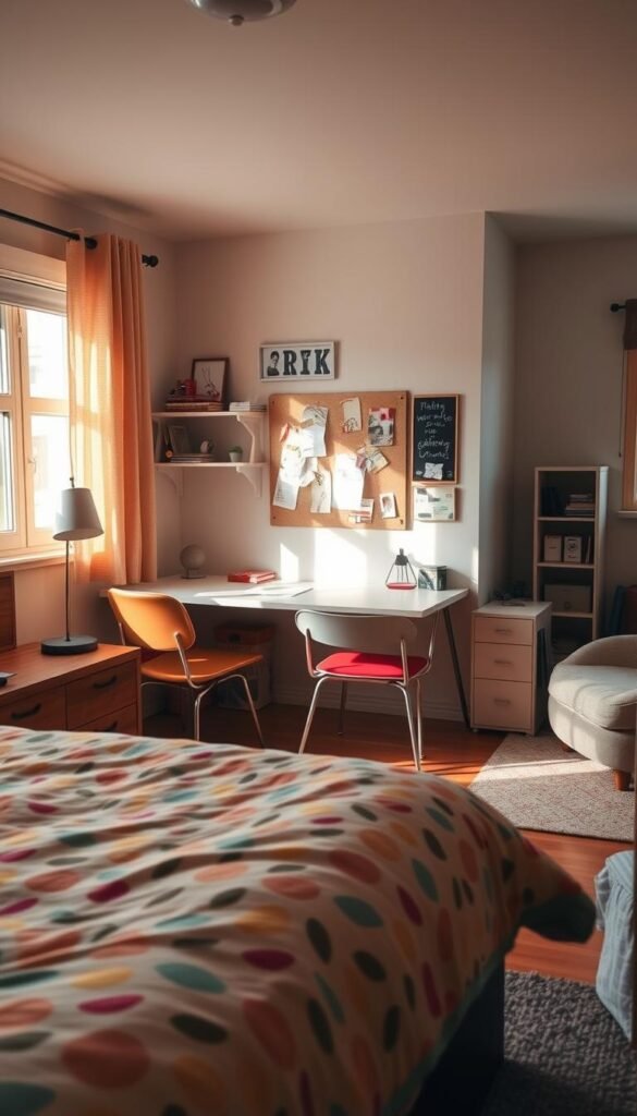 A cozy, well-organized teen bedroom with a multifunctional space. Warm, natural lighting floods the room, casting a soft glow on the mix of modern and vintage furnishings. In the foreground, a large, plush bed with a colorful, patterned duvet set invites relaxation. A sleek, multipurpose desk occupies the middle ground, providing a workspace and study area. Shelves and a pinboard above the desk display personal mementos and inspirational decor. In the background, a comfortable lounge chair and a small bookshelf create a reading nook, complementing the overall harmonious and inviting atmosphere.