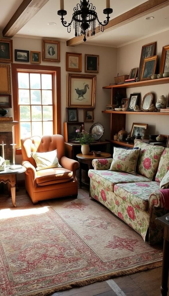 A cozy, well-worn English country living room, filled with the gentle patina of time-honored furnishings. A deeply comfortable armchair, its velvet upholstery softened by age, sits adjacent to a weathered wooden side table. Sunlight streams through a large window, casting a warm glow upon a handwoven area rug, its patterns slightly askew. A vintage floral-patterned sofa, its cushions slightly lopsided, invites relaxation. The walls are adorned with a gallery of mismatched, gilded picture frames, each bearing the charm of imperfection. Shelves hold an eclectic collection of antique books and weathered ceramic pieces. This space embraces the beauty of imperfection, radiating a sense of lived-in comfort and timeless appeal.