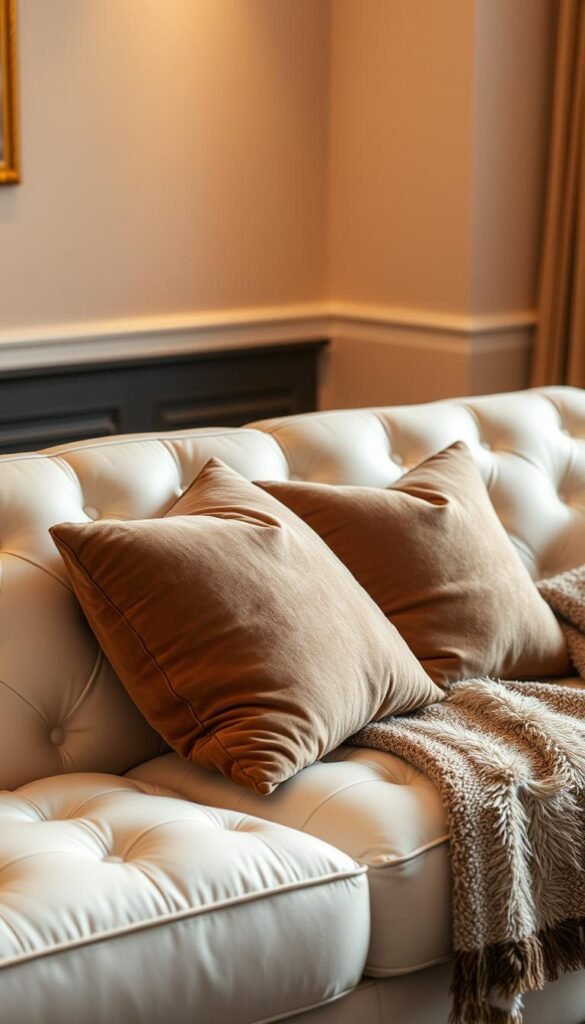 A cozy white leather sofa sits in a warm, inviting living room. The plush, tufted cushions are layered with various textures, including soft velvet pillows, a textured throw blanket, and faux fur accents. Diffused, golden-hued lighting casts a gentle glow, creating a sense of depth and comfort. The layered fabrics and materials subtly interplay, drawing the eye and inviting touch. The camera captures the scene from a slightly elevated angle, showcasing the luxurious, layered textures that work together to create a sophisticated, glamorous living space.