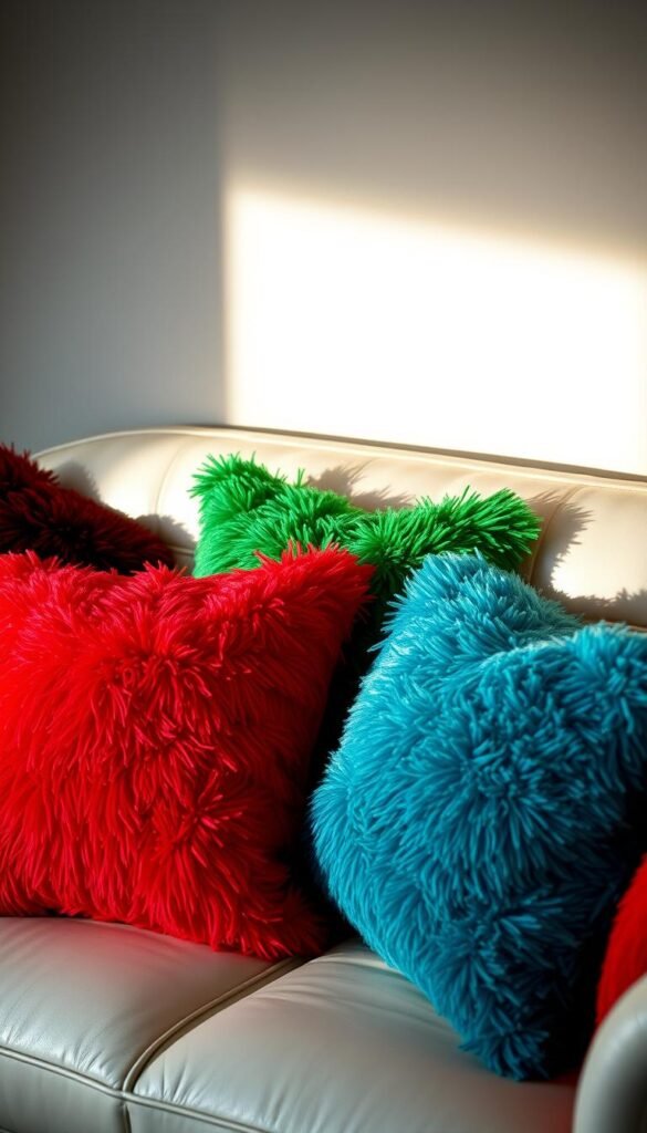 A cozy white leather sofa takes center stage, adorned with a vibrant array of accent pillows. The pillows feature a captivating mix of bold, saturated hues - crimson reds, deep emerald greens, and vivid turquoise blues. The plush, textured fabrics create a visually striking contrast against the smooth, pristine upholstery. Soft, diffused lighting casts a warm, inviting glow, highlighting the luxurious details and adding depth to the scene. The composition is balanced, with the pillows arranged in an eye-catching yet harmonious manner, drawing the viewer's attention and infusing the space with an energetic, glamorous ambiance.