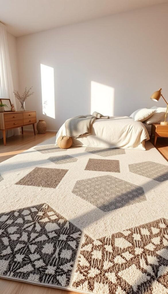 A cozy yet contemporary bedroom with a stunning modern area rug. The rug features a bold geometric pattern in muted tones of beige, gray, and soft blue, creating a visually striking yet soothing focal point. The room is bathed in warm, diffuse lighting that casts a gentle glow, complementing the plush, high-pile texture of the rug. In the background, minimalist furniture and neutral-toned walls provide a clean, uncluttered backdrop, allowing the rug to take center stage. The overall atmosphere is one of relaxed sophistication, perfectly capturing the essence of a cozy yet contemporary modern bedroom design.