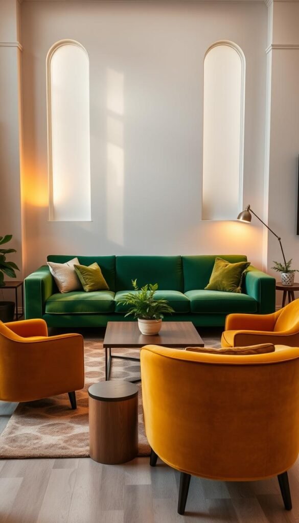 A cozy yet sophisticated living room with a plush, emerald green sofa as the focal point. The sofa is flanked by minimalist, white-painted walls, allowing the vibrant hue to take center stage. Warm, diffused lighting casts a gentle glow, creating a serene and inviting atmosphere. In the foreground, a pair of velvet, mustard-yellow armchairs and a sleek, wooden coffee table complement the green palette. The middle ground features a lush, potted plant and a geometric-patterned area rug in earthy tones, tying the room together. The background showcases tall, arched windows that flood the space with natural light, casting a soft, golden hue across the scene.