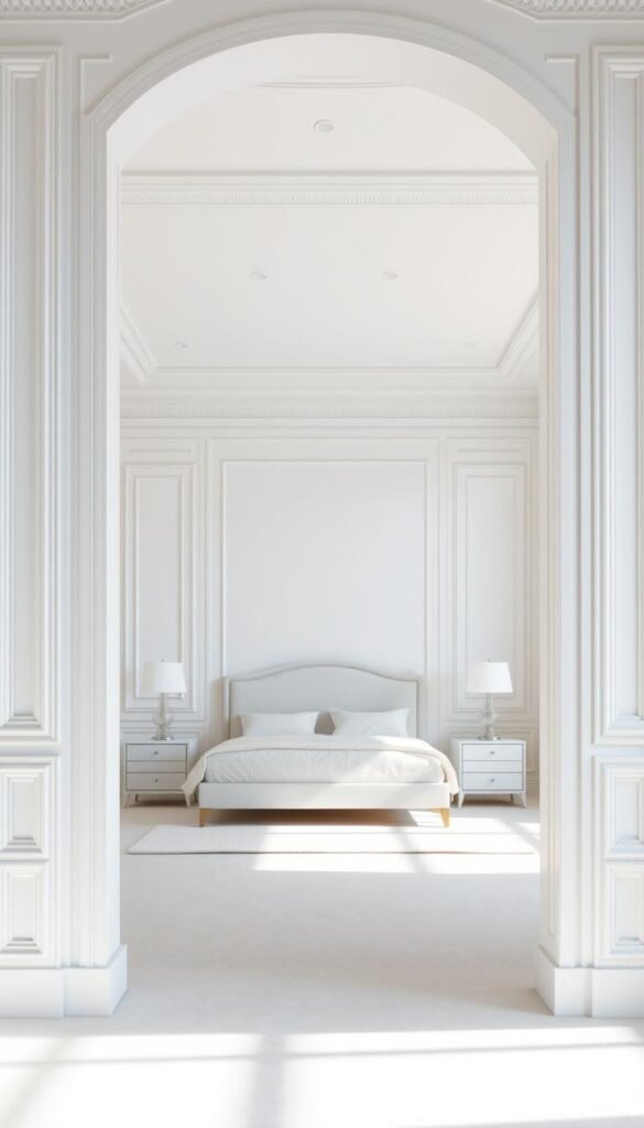 A crisp, luminous bedroom with striking architectural details. In the foreground, the focus is on the exquisite white molding that frames the walls, creating a serene, gallery-like aesthetic. The molding is meticulously rendered, with delicate patterns and smooth, flawless surfaces that catch the soft, even lighting from above. In the middle ground, the minimal, minimalist furniture - a clean-lined bed, nightstands, and a dresser - echo the architectural elegance, while allowing the molding to take center stage. The background is a tranquil, airy space, with large windows that flood the room with natural light and a subtle, neutral color palette that enhances the overall sense of calm and refinement.