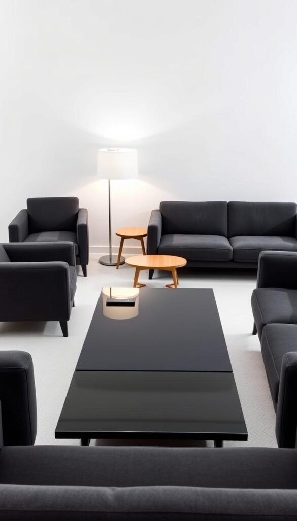 A curated collection of monochromatic furniture pieces against a minimalist backdrop. A sleek, low-profile sofa in deep charcoal grey anchors the scene, complemented by a pair of matching armchairs. A rectangular coffee table in glossy black glass reflects the subtle lighting, while a minimalist floor lamp casts a soft glow. In the middle ground, a mid-century inspired side table in warm wood tones adds a touch of contrast. The background features a plain white wall, creating a clean, uncluttered canvas to showcase the furniture's refined aesthetics. The overall atmosphere is one of understated elegance and modern sophistication.