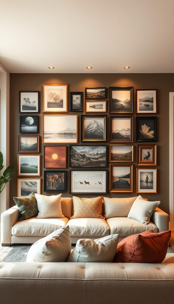 A custom-shaped gallery wall layout featuring an assortment of framed artwork, ranging from abstract paintings to nature-inspired photography. The arrangement is designed to seamlessly follow the contours of the room, creating a visually striking and harmonious display. Warm, directional lighting casts a soft, inviting glow, accentuating the textures and colors of the artwork. The frames are a mix of modern, minimalist designs and rustic, wooden accents, complementing the overall aesthetic of the space. The gallery wall is the centerpiece of the living room, drawing the eye and creating a personalized, curated look that reflects the homeowner's unique style and personality.