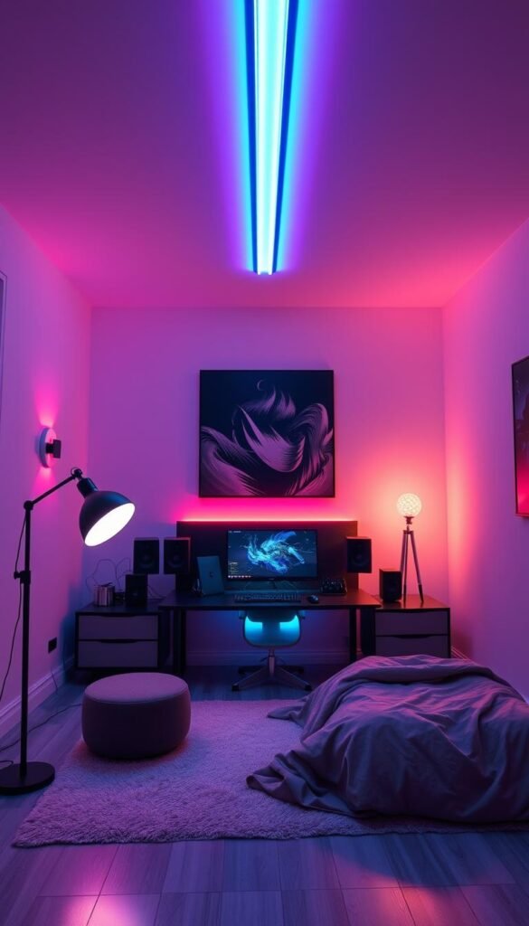 A customizable RGB lighting setup with adjustable floor lamps, wall-mounted sconces, and a central LED strip running along the ceiling. The room is bathed in a warm, atmospheric glow, creating a cozy and inviting ambiance perfect for an immersive gaming experience. The lighting can be controlled via a smart home interface, allowing the gamer to set the perfect mood with a few taps. The setup is placed in a minimalist, modern bedroom with clean lines and neutral tones, putting the focus squarely on the customizable lighting that elevates the gaming atmosphere.