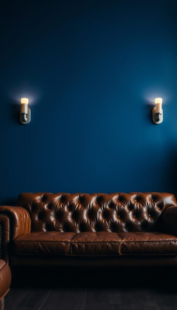 A deep, rich blue wall casts a serene, contemplative mood in this cozy living room scene. A plush, tufted brown leather sofa sits in the middle ground, its warm tones complementing the cool backdrop. Soft, diffused lighting from discreet sconces creates a soothing, intimate ambiance, highlighting the luxurious texture of the sofa's upholstery. The camera captures the composition from a low, angle, emphasizing the sofa's substantial presence and the striking visual contrast between the bold blue wall and the earthy brown tones. This arrangement exudes a sophisticated, timeless elegance that elevates the space.