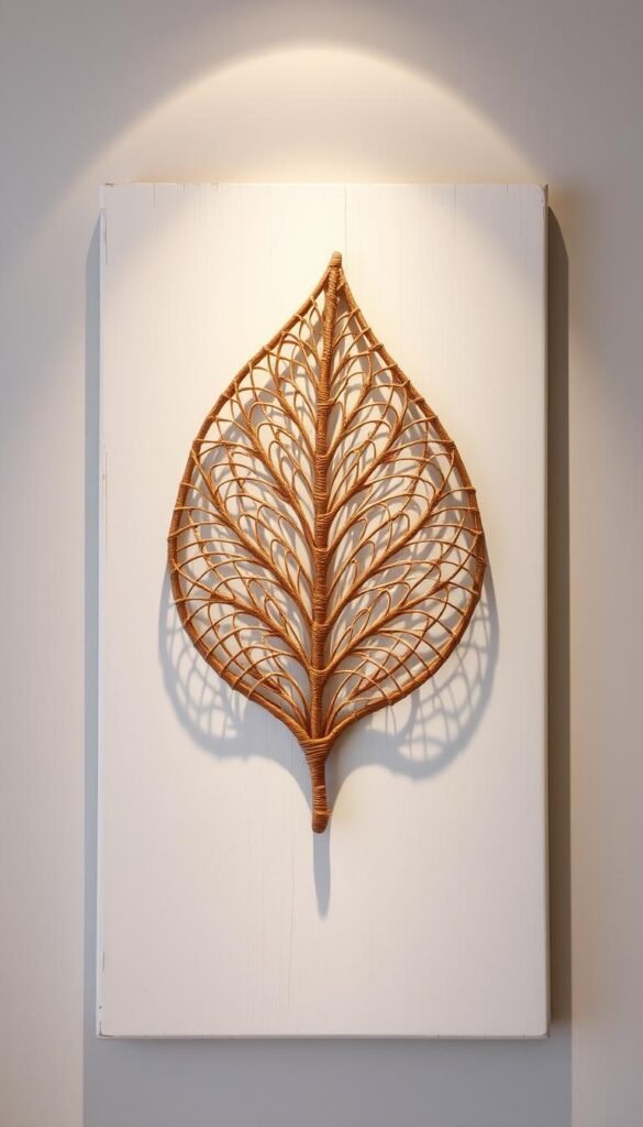 A delicate and rustic leaf-shaped wicker wall decor, handcrafted with intricate details. The woven structure casts a warm, natural glow, complemented by soft, diffused lighting from above, illuminating the organic textures. The piece is mounted on a whitewashed wooden plaque, creating a harmonious farmhouse-inspired aesthetic. The leaf shape is a captivating focal point, evoking the beauty of nature and adding a touch of earthy sophistication to the living room space. A delicate and rustic leaf-shaped wicker wall decor, handcrafted with intricate details. The woven structure casts a warm, natural glow, complemented by soft, diffused lighting from above, illuminating the organic textures. The piece is mounted on a whitewashed wooden plaque, creating a harmonious farmhouse-inspired aesthetic. The leaf shape is a captivating focal point, evoking the beauty of nature and adding a touch of earthy sophistication to the living room space.