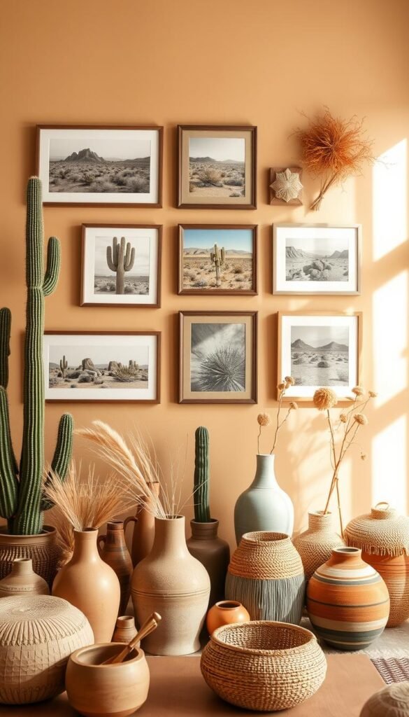 A desert-inspired gallery wall features an assortment of natural elements and warm, earthy tones. In the foreground, a collection of framed desert landscape photographs, cacti, and dried floral arrangements create a visually striking display. The middle ground showcases a mix of ceramic vases, woven baskets, and terracotta pots, complementing the overall aesthetic. The background is a warm, sandy-toned wall, illuminated by a soft, diffused lighting that casts gentle shadows, evoking the serene ambiance of a Southwest living room. The overall composition exudes a sense of tranquility and natural harmony, reflecting the essence of the desert-inspired decor.