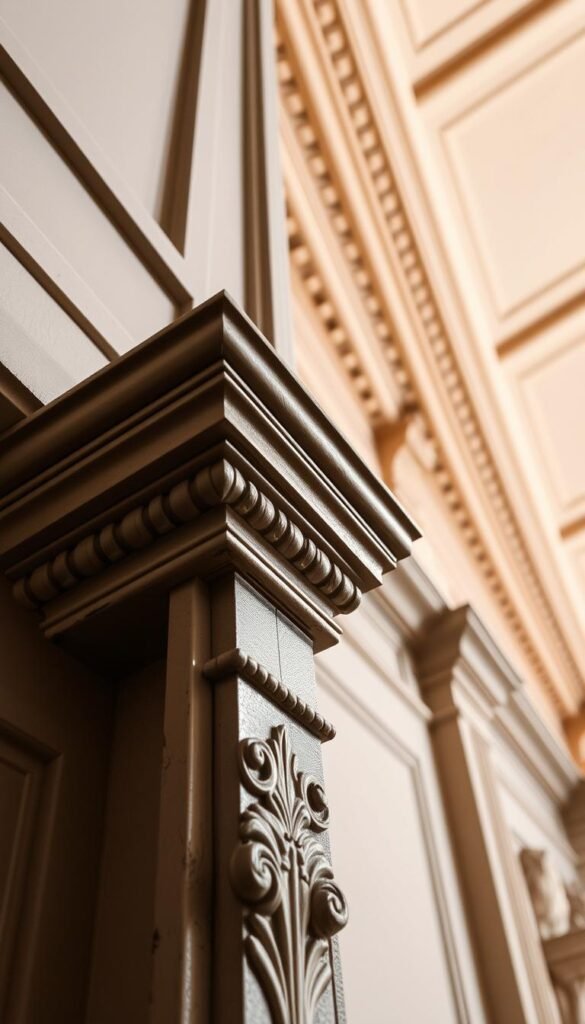 A detailed architectural molding and trim composition with ornate, intricate patterns and textures. The foreground features a close-up view of the molding, showcasing the ornate carvings, shadows, and highlights that add depth and dimension. The middle ground includes a wider perspective of the trim, highlighting its placement along a wall or ceiling. The background subtly suggests the setting, perhaps a high-ceilinged, well-lit interior space with a classic, timeless aesthetic. The lighting is soft and natural, accentuating the craftsmanship and elegance of the molding design. The overall mood is one of refined sophistication and the artistry of fine architectural detailing.
