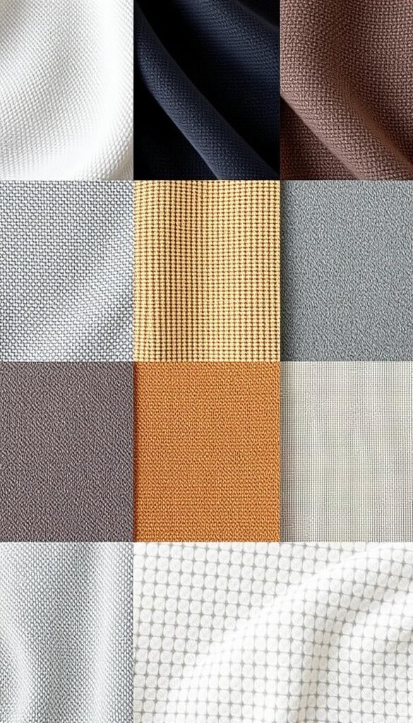 A detailed close-up comparison of various sectional sofa fabric textures. The fabrics are arranged in a grid, showcasing their distinct weaves, patterns, and material properties. The textures range from plush velvet to durable microfiber, each swatch illuminated by natural lighting to highlight their nuanced tactile qualities. The overall composition is clean, minimalist, and evenly lit, allowing the fabrics to be the sole focus. The scene conveys a sense of high-quality, curated home decor, suitable for an editorial feature on selecting the perfect sectional couch upholstery.