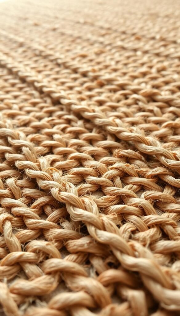 A detailed close-up shot of a natural jute rug, showcasing the intricate woven texture and earthy color tones. The fibers have a warm, muted palette with subtle variations, ranging from golden beige to soft olive hues. The lighting is soft and diffused, accentuating the organic, handcrafted quality of the weave. The camera angle is slightly angled, capturing the depth and dimensionality of the rug's surface. The composition fills the frame, allowing the viewer to fully immerse in the tactile, soothing qualities of this natural fiber floor covering. A detailed close-up shot of a natural jute rug, showcasing the intricate woven texture and earthy color tones. The fibers have a warm, muted palette with subtle variations, ranging from golden beige to soft olive hues. The lighting is soft and diffused, accentuating the organic, handcrafted quality of the weave. The camera angle is slightly angled, capturing the depth and dimensionality of the rug's surface. The composition fills the frame, allowing the viewer to fully immerse in the tactile, soothing qualities of this natural fiber floor covering.