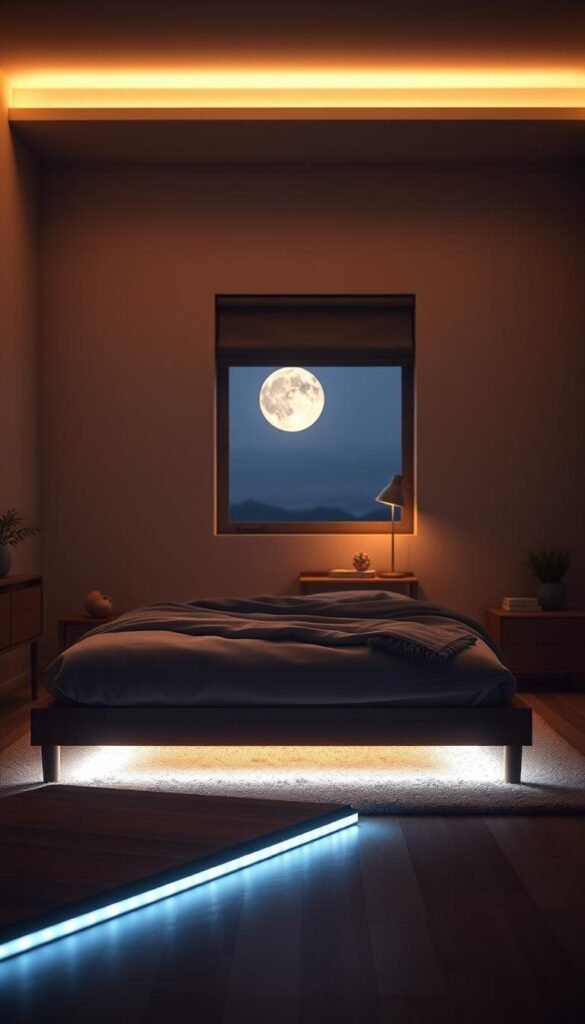 A dimly lit boy's bedroom with a warm, cozy atmosphere. In the foreground, a low-profile bed frame with a soft, glowing LED strip illuminating the space underneath, casting a gentle, ethereal radiance across the floor. The middle ground features tasteful, minimalist décor - a nightstand, a small desk, and a plush area rug. The background showcases a neutral-toned wall, subtly textured, with a window overlooking a serene, moonlit landscape. The lighting is balanced, creating a soothing, tranquil ambiance perfect for relaxation and unwinding.