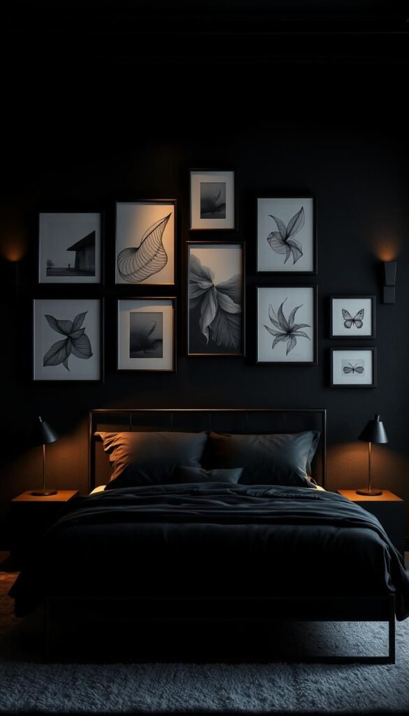 A dimly lit, chic black bedroom with an art gallery wall display. The foreground features a modern, minimalist black metal frame gallery wall showcasing an eclectic mix of abstract paintings, photographic prints, and monochrome sketches in various sizes and styles. Soft, warm lighting from sconces illuminates the artwork, casting subtle shadows and highlights across the textured walls. In the middle ground, a sleek, low-profile black bed is flanked by matching nightstands, creating a cohesive, sophisticated look. The background is filled with deep, inky black walls, evoking a moody, cocooning atmosphere that amplifies the visual impact of the curated art display. The overall scene exudes a sense of refined elegance and personal expression.
