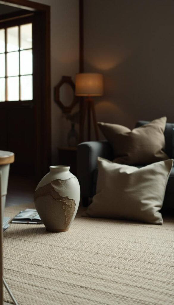 A dimly lit, cozy Japandi-style living room with imperfect design elements. In the foreground, a handcrafted ceramic vase with an organic, asymmetric shape sits on a rustic wooden side table. Nearby, a throw pillow with an uneven, textured pattern adds a touch of imperfection. In the middle ground, a woven area rug with subtle, irregular patterns anchors the space. Soft, natural lighting filters through a window, casting a warm, muted glow on the scene. The overall atmosphere is one of tranquility, embracing the beauty of wabi-sabi - the Japanese aesthetic of finding perfection in imperfection.