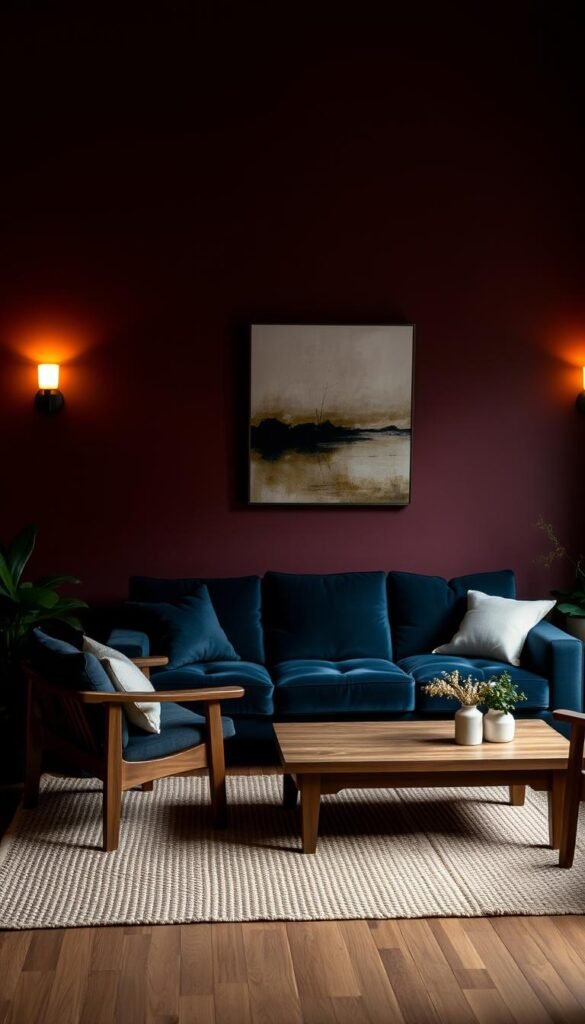 A dimly lit, cozy living room with warm, inviting hues. The walls are painted in a deep, moody shade of burgundy, creating a serene and intimate atmosphere. Soft, ambient lighting emanates from a pair of sconces mounted on the walls, casting a gentle glow that reflects off the rich, wooden furnishings. A plush, velvet sofa in a deep navy blue sits as the centerpiece, surrounded by a pair of matching armchairs and a low, wooden coffee table. The room is adorned with minimal, yet carefully curated décor, including a woven area rug, a few potted plants, and a single, oversized piece of abstract art on the wall. The overall scene evokes a sense of tranquility and relaxation, perfect for a cozy, intimate gathering.