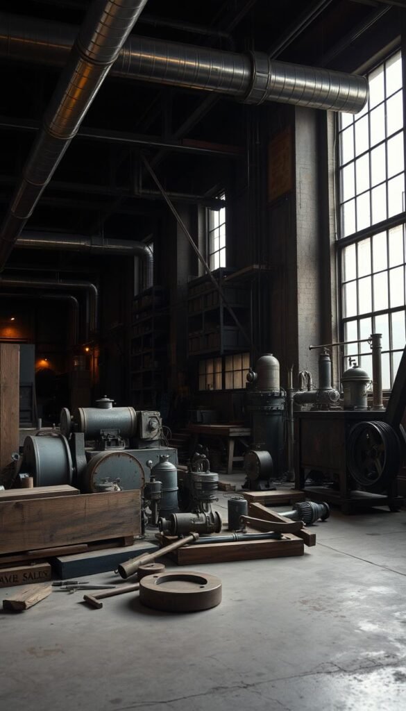 A dimly lit industrial loft, illuminated by warm overhead lighting and large windows. In the foreground, a carefully curated still life showcases a selection of raw, textural materials - polished steel, weathered wood, and unfinished concrete. The middle ground features an eclectic mix of vintage machinery, antique tools, and reclaimed industrial artifacts, arranged with a sense of purposeful disarray. In the background, the shadowy silhouettes of towering shelving units and exposed ventilation ducts create a sense of depth and scale, evoking the atmosphere of a working factory. The color palette is a harmonious blend of muted grays, earthy browns, and occasional flashes of burnished metal, capturing the essence of industrial chic.