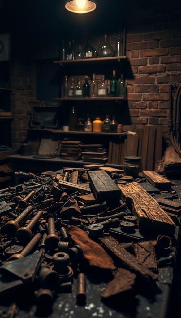 A dimly lit industrial workshop, with a cluttered, textured tabletop showcasing a variety of materials and surfaces. In the foreground, a collection of weathered metal scraps, rusted bolts, and worn leather scraps. In the middle ground, a selection of rough-hewn wooden planks, their grain and knots clearly visible. In the background, shadowy shelves display an assortment of glass bottles, ceramic tiles, and weathered brick walls. The lighting is moody and dramatic, with warm highlights and deep shadows, creating a sense of depth and atmosphere. The overall scene evokes a sense of rustic, gritty, and tactile industrial aesthetics.