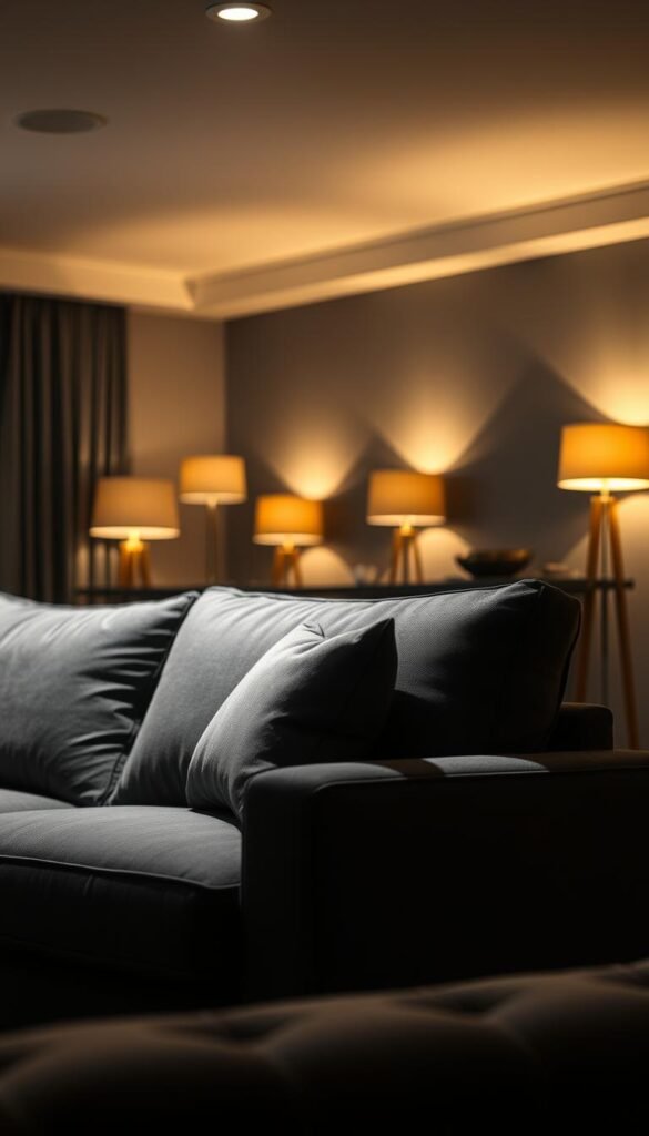 A dimly lit living room showcases a charcoal gray sofa bathed in warm, diffused lighting. Soft spotlights illuminate the plush cushions, casting gentle shadows that accentuate the sofa's sculptural lines. The lighting is carefully angled to create a cozy, inviting ambiance, with strategic highlights that draw the eye to the sofa's luxurious texture. In the background, a series of floor lamps cast a gentle glow, creating depth and atmosphere. The overall scene exudes a sophisticated, moody vibe that complements the elegance of the charcoal gray sofa.