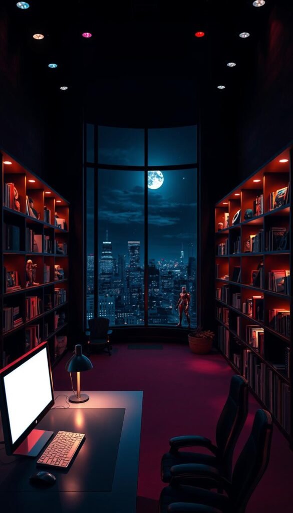 A dimly lit superhero's lair, illuminated by a striking array of colorful, dynamic lighting fixtures. The foreground features a sleek, high-tech desk with a glowing computer screen and strategically placed lamps casting a warm, heroic glow. In the middle ground, floor-to-ceiling bookshelves line the walls, their shelves adorned with superhero memorabilia and relics, each item subtly highlighted by adjustable spotlights. The background showcases a large, sweeping window that overlooks a nighttime cityscape, with the moon and stars providing a subtle, atmospheric backlight. The overall scene conveys a sense of power, mystery, and a touch of drama, perfectly suited for a superhero's secret hideaway.