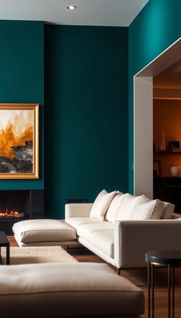 A dramatic living room featuring a deep teal accent wall. In the foreground, a gold-framed abstract artwork hangs, its warm metallic tones complementing the rich wall color. Soft, diffused lighting from overhead casts a warm glow, creating a cozy and inviting atmosphere. The middle ground showcases a minimalist white sofa, its clean lines and neutral tone allowing the teal wall to take center stage. In the background, the room is bathed in a warm, earthy ambiance, hinting at natural elements that tie the whole space together. The overall composition conveys a sense of refined elegance and sophisticated style.