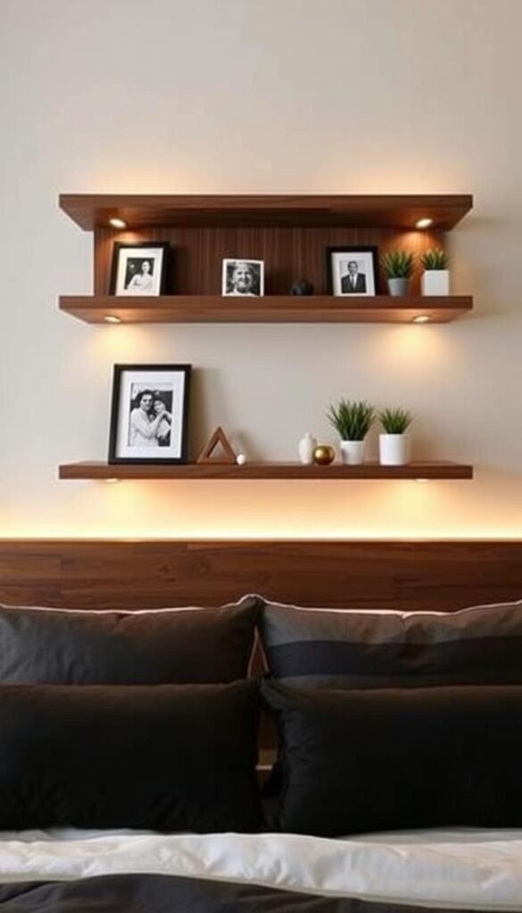 A floating wooden shelf headboard design, showcasing a modern, minimalist aesthetic. The shelves appear to be suspended, seamlessly integrated into the wall, creating a clean, uncluttered look. The shelves are adorned with a mix of decorative items, such as framed artwork, potted plants, and personal trinkets, adding visual interest and a sense of curation. Warm, diffused lighting emanates from hidden sources, casting a soft glow and highlighting the natural wood grain. The overall scene is captured from a slightly elevated angle, emphasizing the sleek, floating effect of the headboard. The background is a neutral, muted tone, allowing the headboard design to be the focal point.