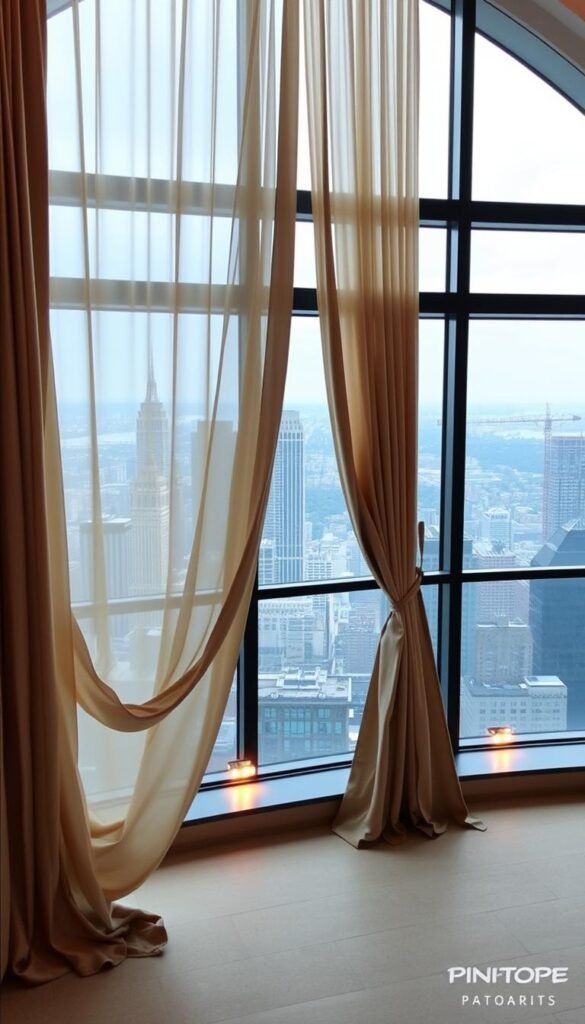 A floor-to-ceiling penthouse window, offering a panoramic view of a bustling city skyline. Elegant floor-length curtains in a luxurious silk material, draped artfully to frame the view, allowing an abundance of natural light to flood the space. The curtains feature a subtle sheen, gently swaying in the breeze. Carefully placed lighting fixtures along the window's edge cast a warm, inviting glow, accentuating the window's architectural details. The overall ambiance is one of refined sophistication, where the interplay of light, view, and window treatments creates a harmonious and serene living environment.