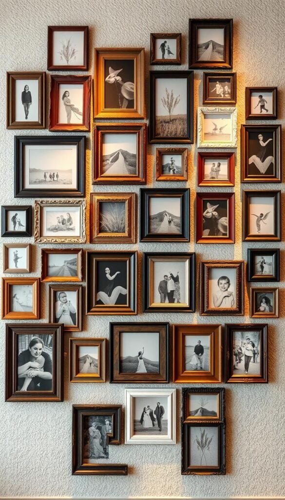 A gallery wall with a dynamic arrangement of mixed picture frames, spanning various sizes, shapes, and materials - a harmonious blend of modern, vintage, and rustic elements. The frames are hung with intentional asymmetry, creating a visually captivating display against a neutral, textured wall. Warm, directional lighting from concealed sources accentuates the depth and shadows, adding depth and dimension. The overall effect is one of curated personal expression, inviting the viewer to discover the stories and memories within each frame.