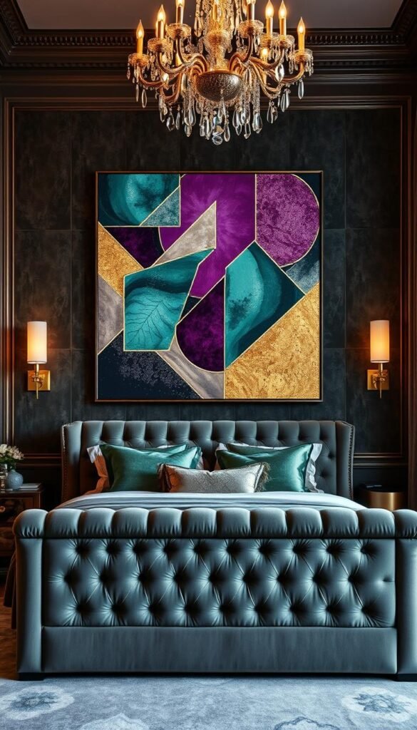 A glamorous bedroom interior with a large statement artwork as the focal point. The artwork features abstract geometric shapes and patterns in rich, jewel-toned colors like emerald green, amethyst purple, and gold, creating a luxurious, high-end look. The artwork is displayed on a feature wall with luxurious, velvet-textured wallpaper in a complementary hue. Soft, warm lighting from a pair of gold-toned sconces on either side of the artwork enhances the opulent atmosphere. The room is furnished with a plush, tufted velvet bed, accented with sumptuous bedding and pillows. A sparkling crystal chandelier hangs above, casting a warm glow across the space. The overall mood is one of lavish sophistication and high style.