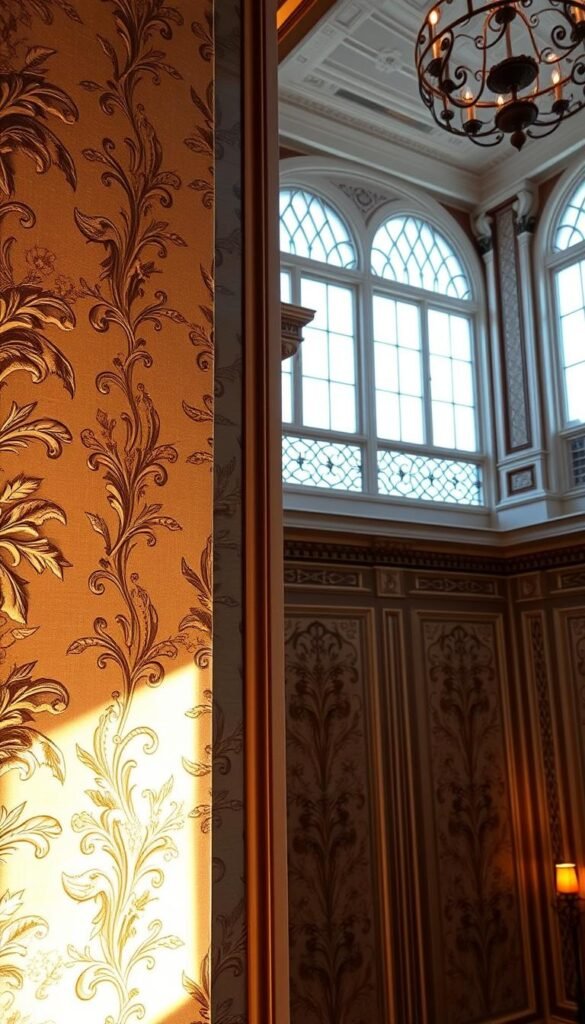 A grand Victorian interior with ornate wallpaper, delicate embellishments, and intricate moldings. The foreground features a detailed floral pattern with metallic accents, casting a warm, ambient glow. In the middle ground, curlicue designs and geometric shapes create a captivating visual rhythm. The background showcases a high-ceilinged room with large windows, allowing natural light to filter in and highlight the textural nuances of the wall treatments. The overall aesthetic evokes a sense of refined elegance and timeless sophistication, perfectly suited for a modern Victorian-inspired living space.