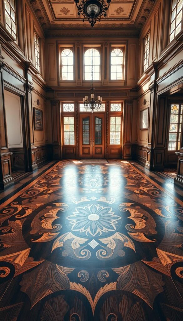 A grand Victorian-style foyer with an ornate parquet flooring design. The intricate pattern features a central medallion surrounded by swirling, interlocking geometric shapes in dark wood tones. The floor is bathed in warm, natural lighting that casts soft shadows and highlights the detailed craftsmanship. The parquet is set against a backdrop of classic architectural elements like high ceilings, elegant moldings, and tall windows that flood the space with an aura of timeless elegance and sophistication.