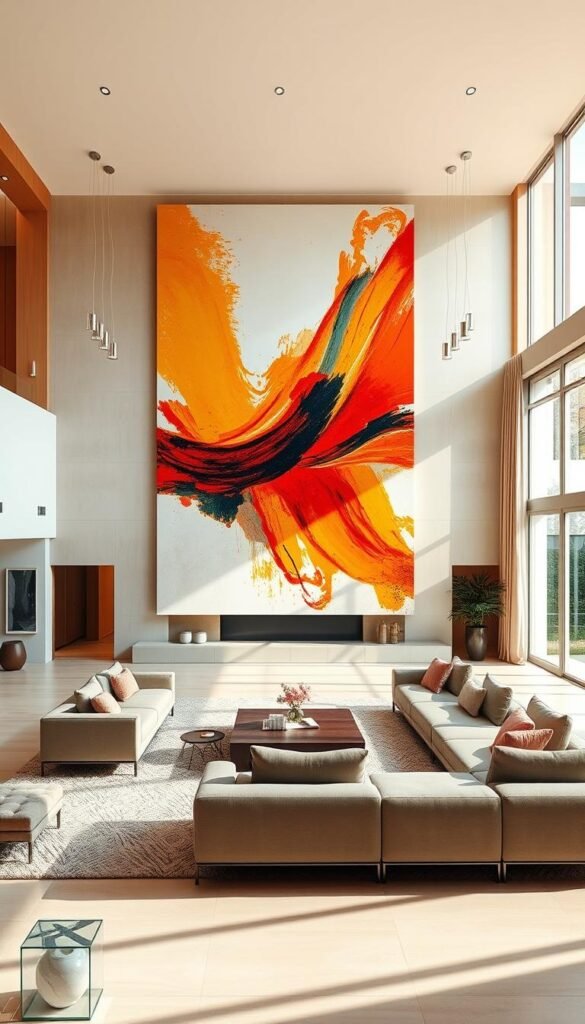 A grand living room with an expansive wall dominated by a large-scale abstract art piece. The artwork features bold, sweeping brushstrokes in a vibrant color palette, creating a striking focal point. The room is flooded with warm, natural light from floor-to-ceiling windows, casting a soft glow on the modern, minimalist furnishings. The space is designed with a harmonious balance of clean lines, neutral tones, and textural elements that allow the artwork to take center stage. The overall atmosphere evokes a sense of tranquility and refined elegance, perfectly showcasing the power of large-scale art to elevate and transform a living space.