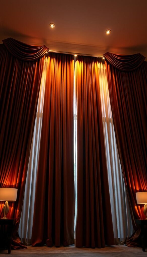 A grand, luxurious bedroom with dramatic floor-to-ceiling curtains that frame the space. The curtains are made of a rich, velvet-like material in a deep, jewel-toned color that cascades elegantly, creating a sense of height and grandeur. Warm, directional lighting from hidden sources bathes the curtains in a soft, atmospheric glow, highlighting their sumptuous texture and folds. The curtains are hung on a sleek, minimalist rod that seamlessly blends into the architecture, allowing the fabric to take center stage. The overall effect is one of opulence, sophistication, and a touch of old-world elegance, perfectly complementing the aesthetic of the bedroom.