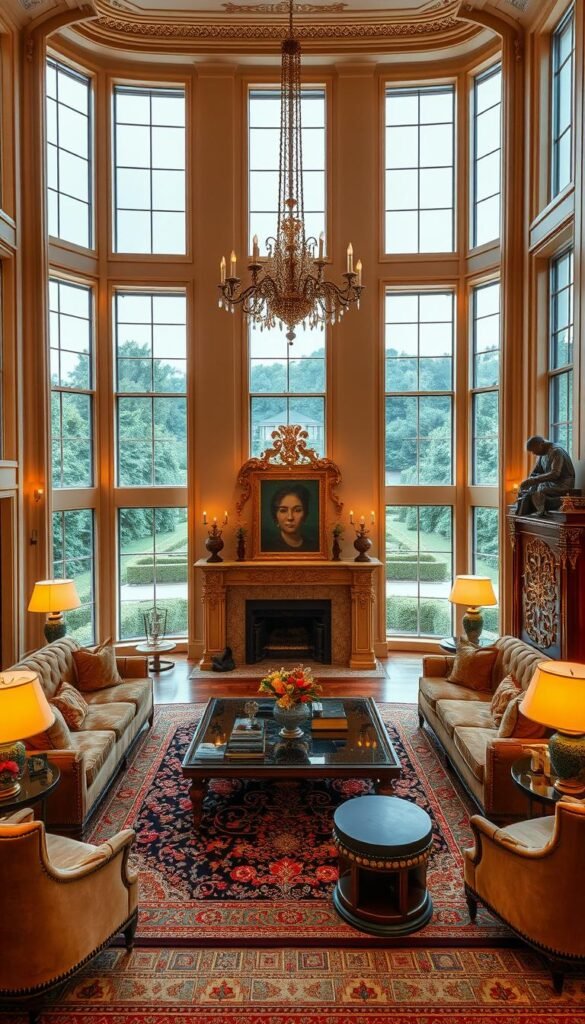 A grand, opulent living room with a blend of global influences. Warm, ambient lighting casts a glow across plush velvet furnishings and intricately patterned area rugs. Towering windows frame a breathtaking vista of a lush, manicured garden. An ornate, gilded fireplace mantel anchors the space, adorned with curated art and accessories that evoke the style of far-flung destinations. Sleek, contemporary pieces mingle seamlessly with antique, carved wood accents, creating a harmonious fusion of old and new. The overall atmosphere exudes a refined, cosmopolitan elegance, inviting one to bask in the lap of luxury.