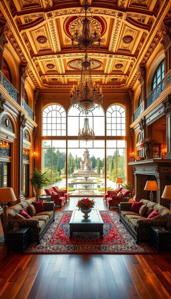 A grand, opulent living room with intricate moldings, ornate chandeliers, and a towering stone fireplace. Elegant furnishings in rich, jewel-toned fabrics adorn the space, exuding an air of refined sophistication. Warm, golden lighting casts a soft glow, highlighting the gleaming hardwood floors and the intricate patterns of the area rugs. Through the large windows, a vista of manicured gardens and a reflecting pool can be seen, blending the indoor and outdoor spaces seamlessly. The overall atmosphere is one of luxurious craftsmanship and impeccable attention to detail, creating a truly awe-inspiring and immersive living experience.