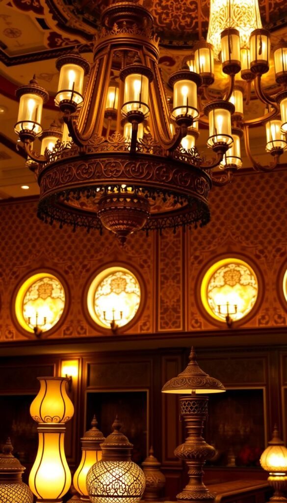 A grand, ornate chandelier with intricate metalwork and glass fixtures casts a warm, golden glow across the room. Layers of ambient lighting from sconces and recessed fixtures illuminate the intricate patterns on the walls, creating a cozy and luxurious atmosphere. In the foreground, a collection of decorative lamps with ornate bases and shades add depth and visual interest, while the background is filled with the rich, earthy tones of the Arabian-inspired furnishings. The lighting design seamlessly blends functionality and elegance, immersing the viewer in a harmonious and tranquil space.