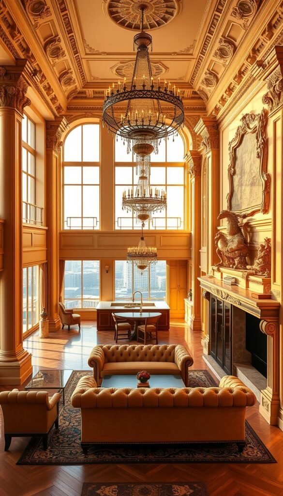 A grand penthouse interior with ornate architectural features, bathed in warm, golden lighting. A spacious, open-concept living area with high ceilings and large windows offering panoramic city views. Intricate crown moldings, ornamental columns, and a stunning fireplace mantel with detailed carvings dominate the foreground, conveying a sense of luxury and refined elegance. The middle ground showcases a plush, tufted sofa and armchairs, complemented by a decorative area rug and a grand chandelier overhead. In the background, a minimalist modern kitchen seamlessly integrates with the living space, hinting at the penthouse's state-of-the-art amenities. The overall scene evokes a harmonious blend of classic and contemporary design, exemplifying the penthouse lifestyle.