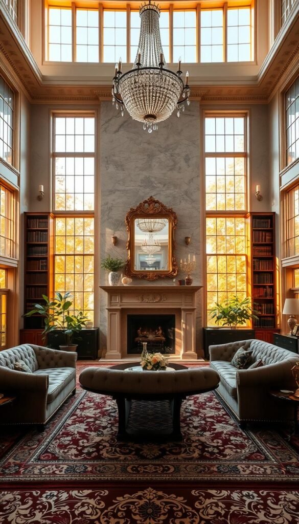 A grand, sun-drenched living room with towering windows that flood the space with warm, golden light. Elegant, tufted sofas in a rich, muted color palette sit atop an ornate, patterned rug. Imposing marble fireplace mantel, framed by bookshelves filled with leather-bound volumes. Intricate, crystal chandelier casts a soft glow, complemented by discreet wall sconces. Lush, verdant potted plants and delicate floral arrangements add natural accents. Ornate, gilded mirror above the fireplace reflects the refined, timeless atmosphere. Refined, sophisticated, and imbued with a sense of enduring elegance.