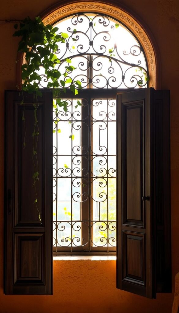 A hacienda-style window featuring intricate wrought-iron grillwork, adorned with cascading vines and trailing foliage. The sunlight filters through the delicate lattice, casting a warm, golden glow upon the richly textured stucco walls. In the foreground, a pair of heavy, ornate wooden shutters stand partially open, hinting at the vibrant interiors beyond. The overall scene evokes a sense of timeless Mexican elegance, perfectly suited for a traditional hacienda-style living room.
