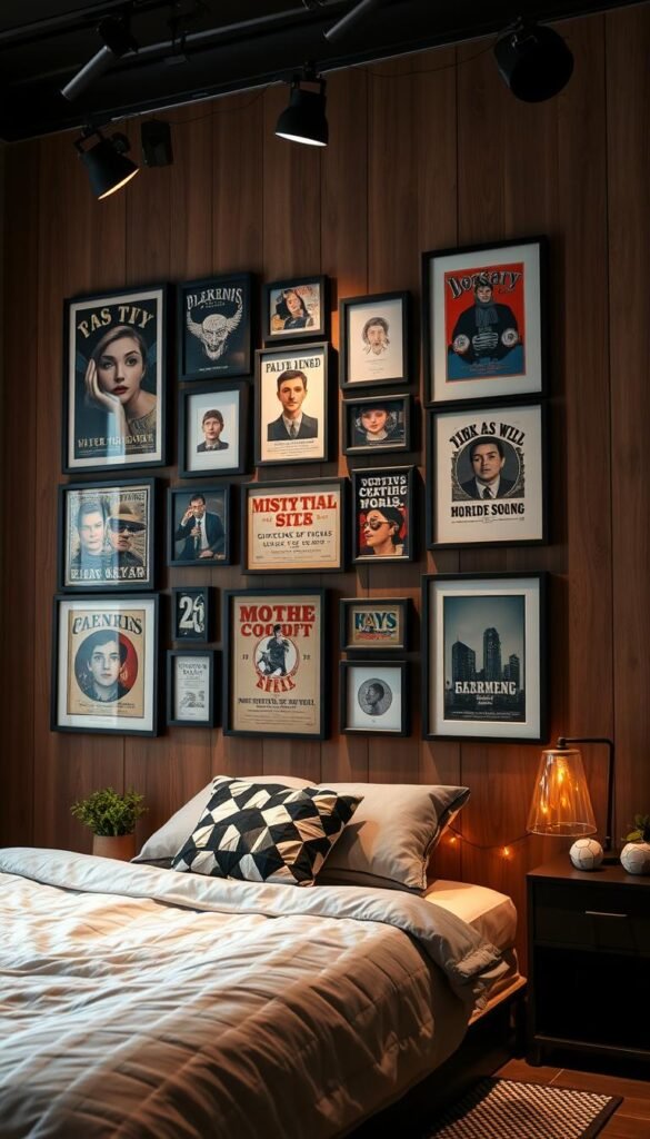 A high-contrast, dramatic studio shot of a stylized boy's bedroom wall, featuring an expertly curated gallery wall arrangement. In the foreground, a collection of framed vintage-inspired posters and prints in varying sizes, shapes, and mediums, arranged in an asymmetrical, visually striking layout. The middle ground showcases a few carefully placed decorative elements, such as a geometric-patterned throw pillow, a potted plant, and a string of fairy lights, adding depth and texture. The background is a warm, earthy-toned wall, with subtle hints of natural wood grain visible, creating a cozy, inviting atmosphere. The lighting is dramatic, with a combination of directional spotlights and soft, diffused ambient illumination, highlighting the textures and drawing the viewer's eye to the focal point of the gallery wall.