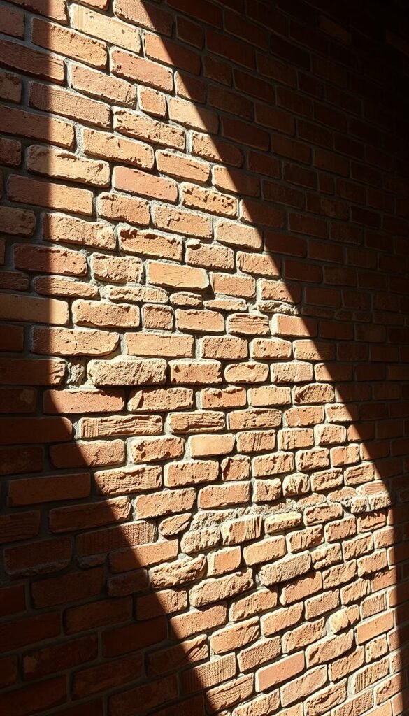 A high-quality, textured exposed brick wall, prominently featured in the foreground. The bricks are a warm, earthy red with varying shades and patterns, showcasing their rustic charm. The wall is illuminated by soft, natural lighting from the side, casting gentle shadows and highlights that accentuate the depth and character of the masonry. The overall mood is one of industrial elegance, setting the stage for a cozy, yet stylish, industrial-inspired living space.