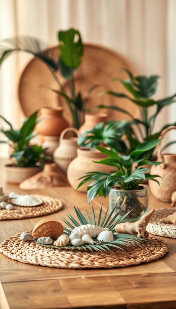 A high-resolution, detailed still life image of a tropical design palette, showcasing a carefully curated selection of natural materials. In the foreground, a wooden table or surface displays a harmonious arrangement of organic elements, such as woven rattan placemats, seashells, driftwood, and palm fronds. The middle ground features a mix of terracotta pottery, handwoven baskets, and lush greenery, such as monstera leaves and potted palms. The background is softly blurred, creating a sense of depth and focus on the central design elements. Warm, diffused lighting illuminates the scene, highlighting the natural textures and earthy tones of the materials. The overall mood is serene, inviting, and evocative of a resort-inspired tropical ambiance.