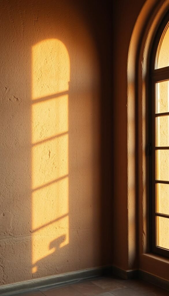 A highly detailed and textured stucco wall in the style of a Mexican hacienda, bathed in warm, golden natural light filtering through a large window. The surface is rough and uneven, with subtle imperfections and a slightly mottled, aged appearance that adds character. Intricate patterns and subtle variations in the stucco texture create a sense of depth and visual interest. The wall occupies the majority of the frame, with a minimal, neutral-toned foreground and background to focus attention on the architectural details. The mood is one of rustic elegance and timeless charm, perfectly suited for a traditional Mexican-inspired living room design.