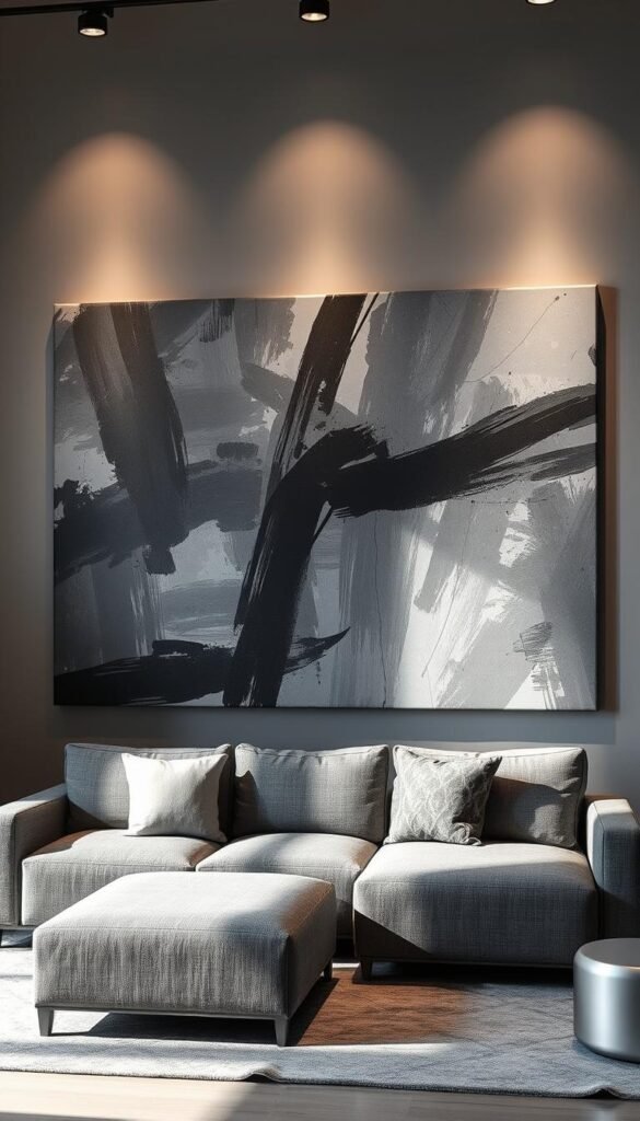 A large, abstract statement wall art piece, featuring bold, expressive brushstrokes in a neutral color palette of grays, blacks, and whites. The artwork commands attention, creating a striking focal point in the living room. Dramatic, directional lighting casts dramatic shadows, adding depth and dimension to the textured surface. The art is displayed on a simple, minimalist wall, allowing it to be the central, eye-catching element in the space. The overall atmosphere is modern, sophisticated, and creates a sense of calmness and serenity, complementing the cozy, gray sectional sofa.
