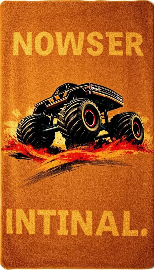 A large, shaggy rug with a bold, dynamic monster truck design prominently featured. The truck is depicted in a dramatic, action-packed pose, its massive tires and powerful chassis taking center stage. The rug's background features a gritty, industrial-inspired pattern, evoking the rugged, adventurous spirit of monster truck culture. Warm, dramatic lighting casts dramatic shadows, heightening the sense of intensity and movement. The overall composition is balanced, with the monster truck motif filling the foreground and middle ground, while the background provides a complementary, textured setting. The result is a striking, eye-catching rug that would serve as a bold, attention-grabbing centerpiece for a monster truck-themed bedroom.