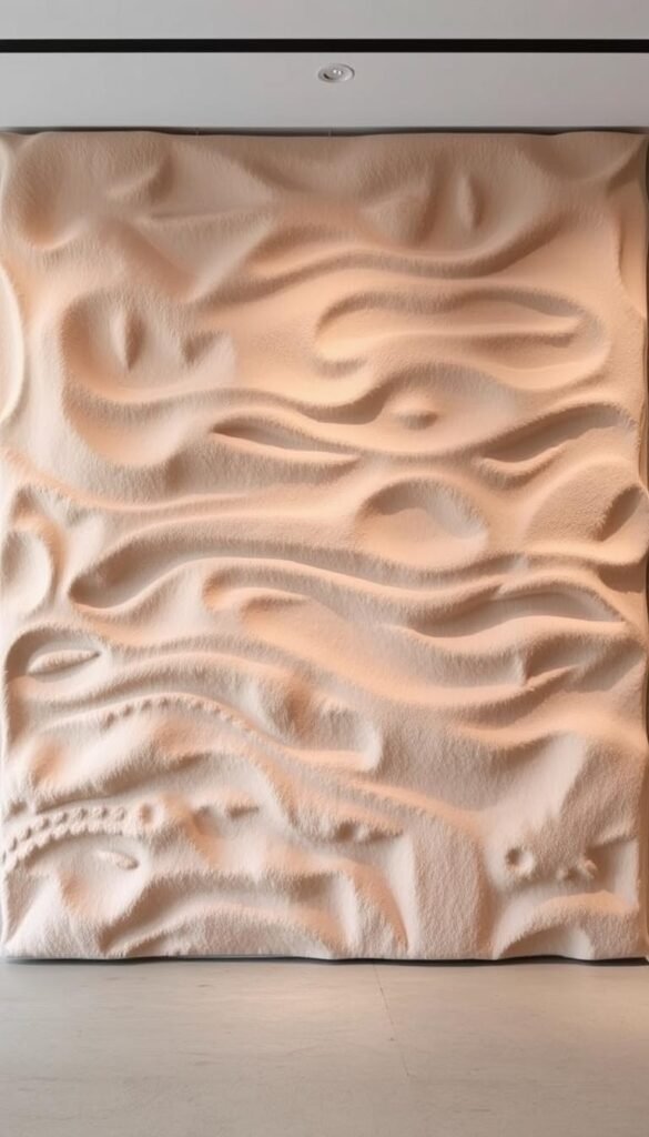 A large, textured wall panel made of plush, velvety materials in muted, earthy tones. The surface has a tactile, three-dimensional quality, with subtle undulations and ripples that catch the light. Soft, diffused lighting from above casts gentle shadows, accentuating the depth and materiality. The piece has a warm, inviting presence, adding a touch of luxury and comfort to the space. A modern, minimalist aesthetic with a focus on natural, high-quality materials and craftsmanship. A large, textured wall panel made of plush, velvety materials in muted, earthy tones. The surface has a tactile, three-dimensional quality, with subtle undulations and ripples that catch the light. Soft, diffused lighting from above casts gentle shadows, accentuating the depth and materiality. The piece has a warm, inviting presence, adding a touch of luxury and comfort to the space. A modern, minimalist aesthetic with a focus on natural, high-quality materials and craftsmanship.