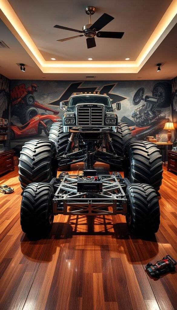 A large, towering monster truck dominates the center of a meticulously designed bedroom. The truck's massive tires and chrome detailing are reflected in the glossy hardwood floor. The walls are covered in bold, graffiti-inspired murals depicting racing scenes and powerful engines. Dramatic overhead lighting casts long shadows, creating an atmosphere of raw power and unbridled energy. Scattered around the room are racing memorabilia, model cars, and custom-made monster truck-themed furnishings, including a massive bed frame made to look like the truck's chassis. The overall effect is a space that feels like the ultimate lair for a true monster truck enthusiast.