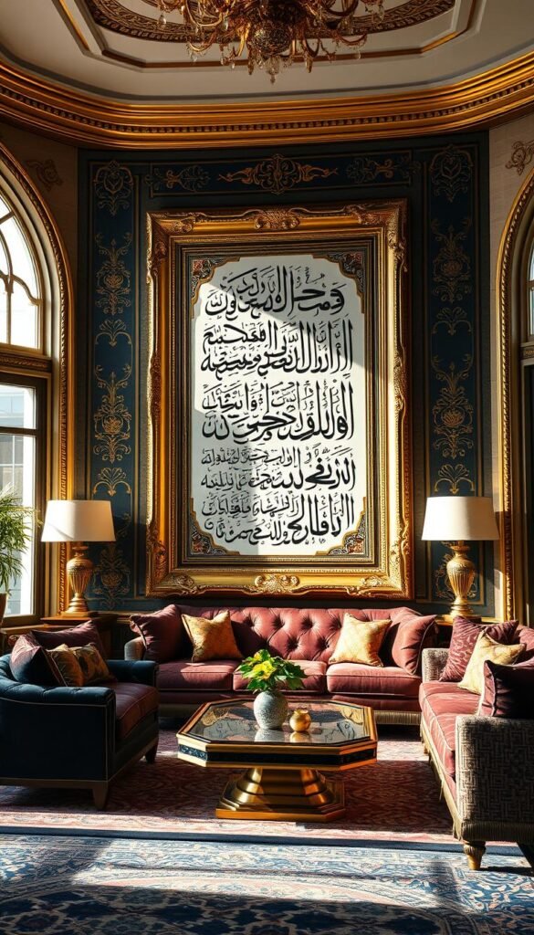 A lavish Arabic calligraphy artwork adorns the walls of an elegant Arabian living room. Ornate golden frames accentuate the intricate calligraphic patterns, casting a warm glow over the space. Plush, jewel-toned furnishings and rich textiles create a sumptuous, cultural ambiance. Soft, diffused lighting filters through arched windows, highlighting the calligraphy's fluid strokes and reflecting off the gilded accents. The overall scene exudes a refined, timeless essence that celebrates the beauty and significance of this traditional art form within the contemporary Arabian interior design.