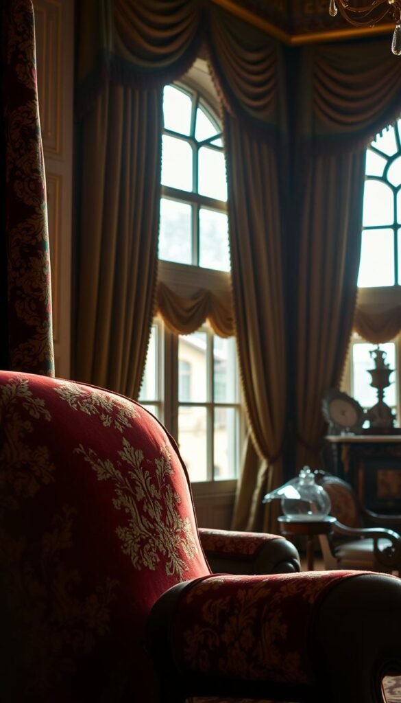 A lavish Victorian-era interior, bathed in warm, soft lighting. In the foreground, intricate, luxurious upholstery fabrics in rich burgundy, forest green, and golden hues, adorned with subtle floral and damask patterns. Plush velvet and brocade textures create a tactile, sumptuous atmosphere. In the middle ground, heavy draperies in complementary tones frame elegant windows, casting gentle shadows. The background reveals ornate, carved wooden furniture and ornaments, hinting at the opulence of a bygone era. A sense of timeless elegance and refined sophistication permeates the scene.